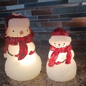 Set of Two White Snowman Figurines with Red Hats and Scarves